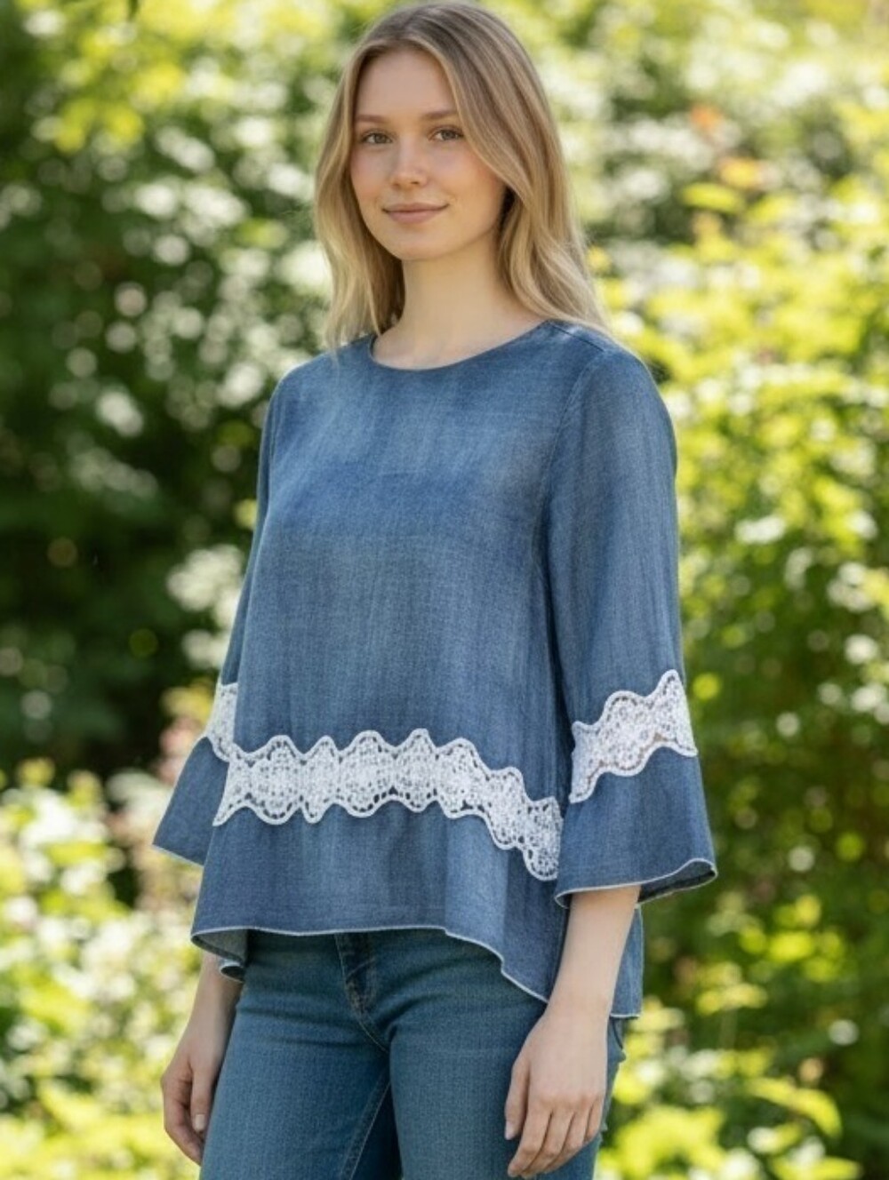 Given Kale Cotton Blue Lace-Trim Long Sleeve Women's Top by
